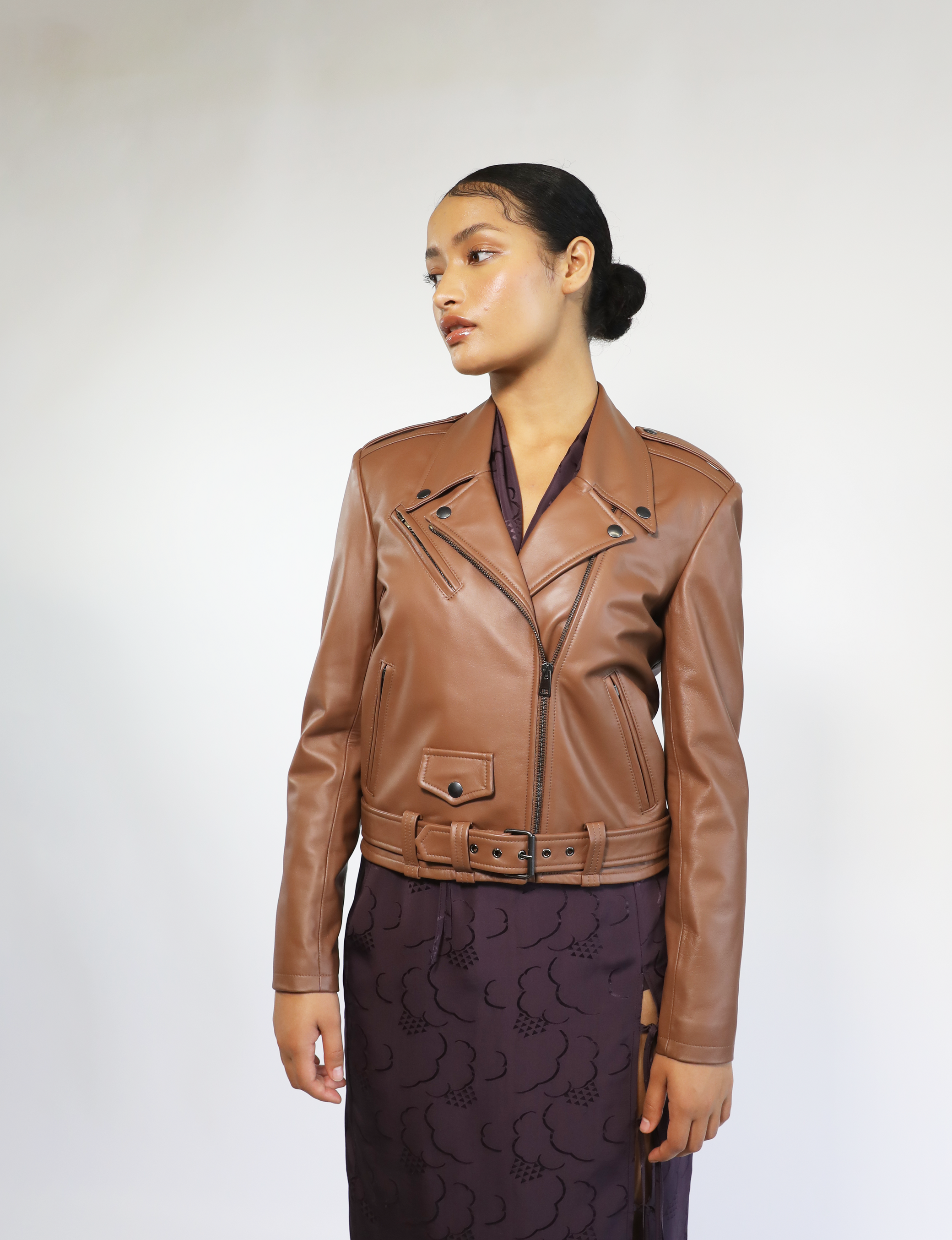 Cognac leather moto outlet jacket